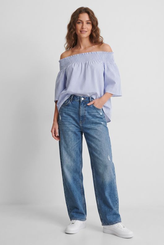 Sky Stripe Elasticated Off Shoulder Tops