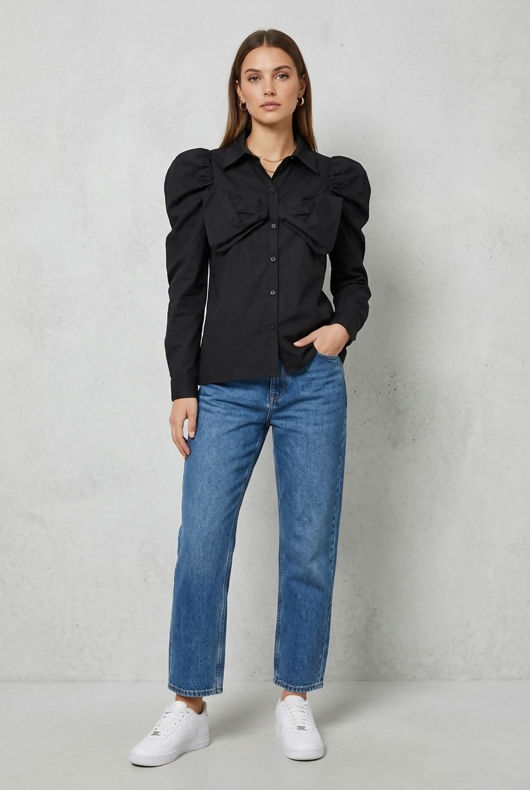 Black Pleated Bow Front Button Up Shirt