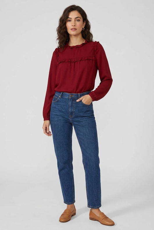 Ruffle High Neck Blouse in Burgundy