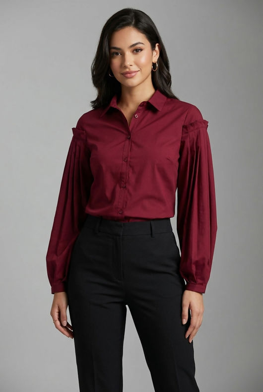 Pleated Sleeve Front Button Up Shirt Tops