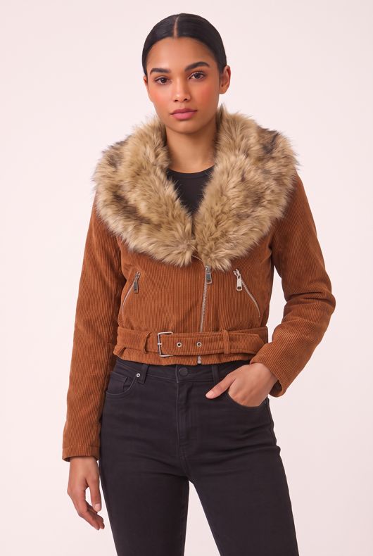 Camel Corduroy Fur Trim Jacket 