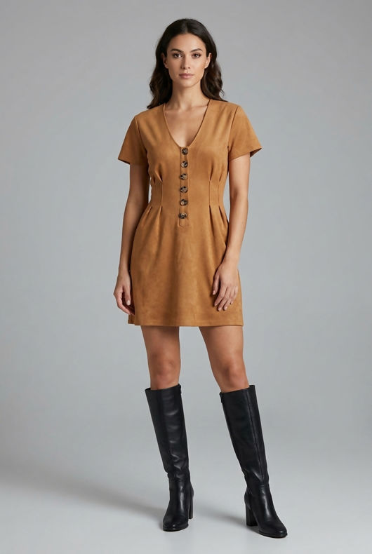 Camel Faux Suede Mini Dress With Button Detail