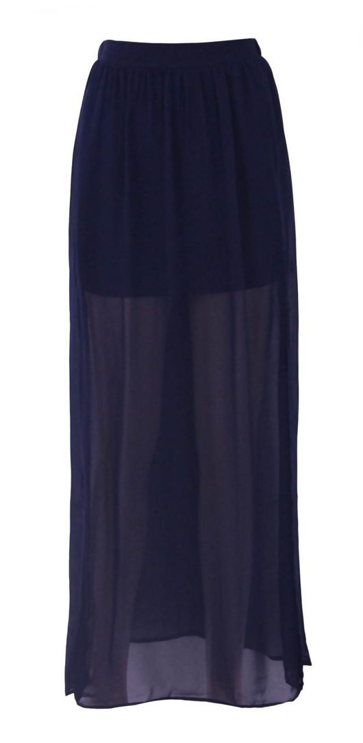 Khaki Chiffon Sheer See Through Partially Lined Maxi Skirt 