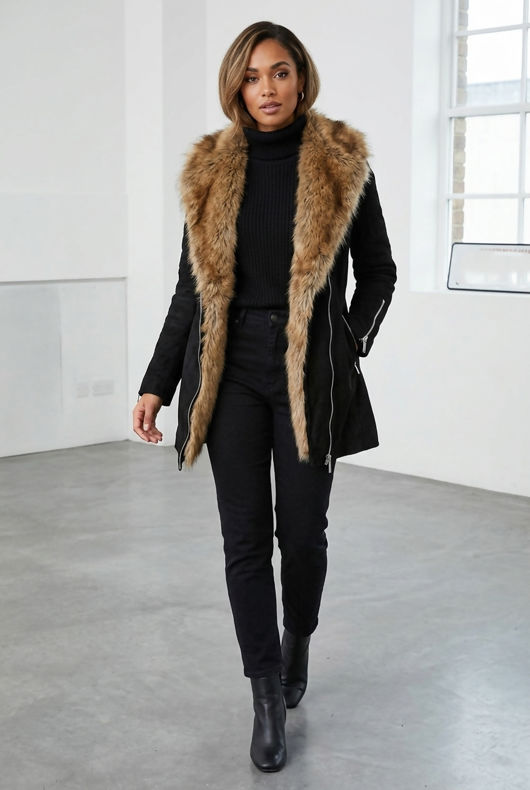 Black Suede Fur Trimmed Coat