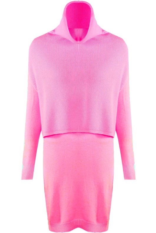 Fuchsia Roll Neck Overlay Knitted Jumper Dress