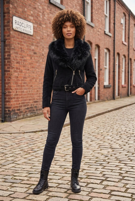 Black Corduroy Biker Jacket With Black Faux Fur