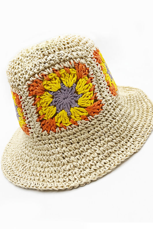 Beige Daisy Crochet Look Bucket Hat
