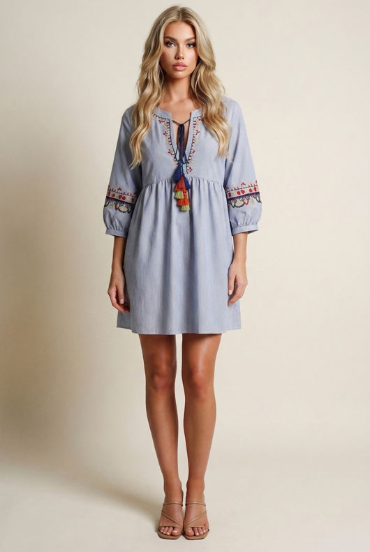Blue Striped Embroidery Shift Dress