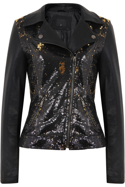 Black and Golden Sequin Biker Jacket
