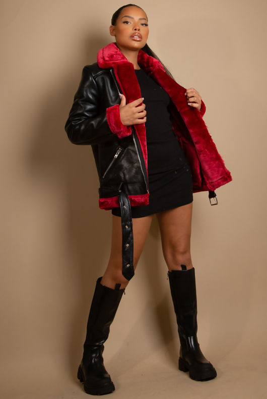 Burgundy Faux Fur Collar Aviator Black Jacket