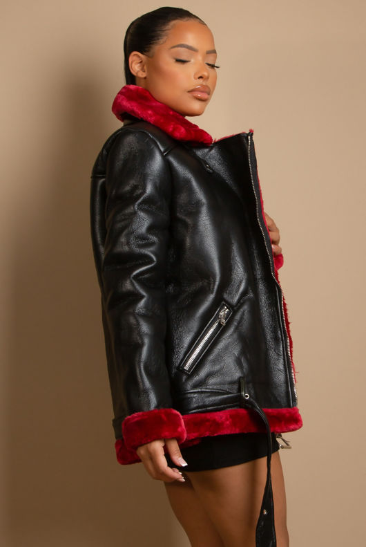 Burgundy Faux Fur Collar Aviator Black Jacket