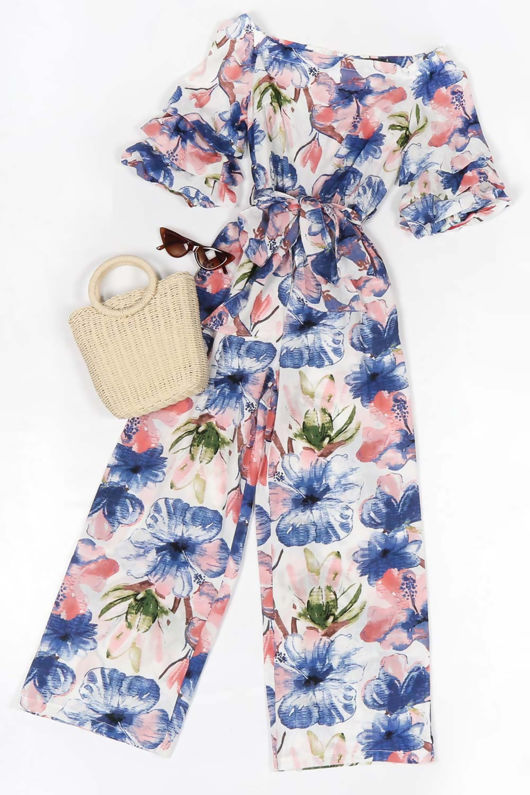 Contrast Floral Print Off Shoulder Jumpsuit