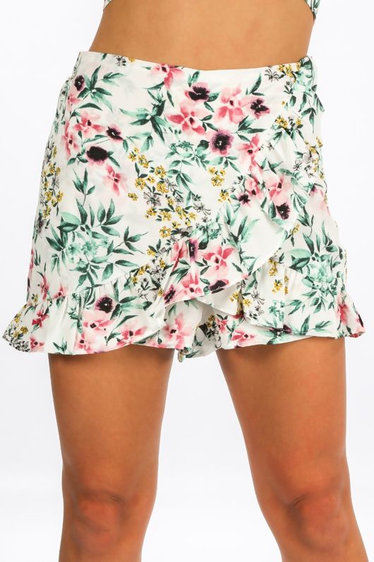 Floral Print Frill Skort In White