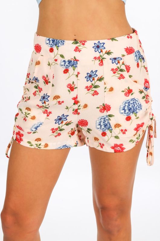 Ruched Side Floral Print Shorts In Pink