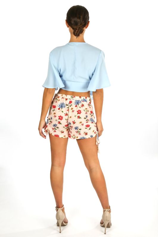 Ruched Side Floral Print Shorts In Pink