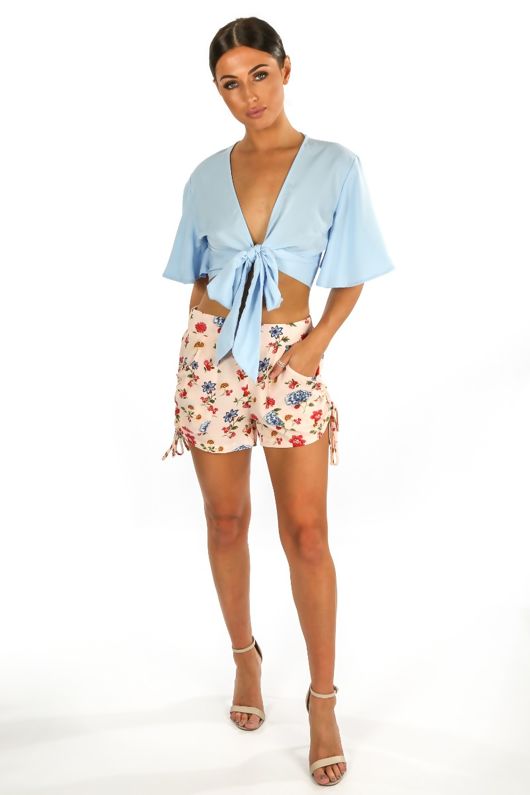Ruched Side Floral Print Shorts In Pink
