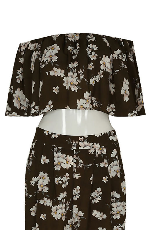 Floral Chiffon Off The Shoulder Crop Top In Khaki
