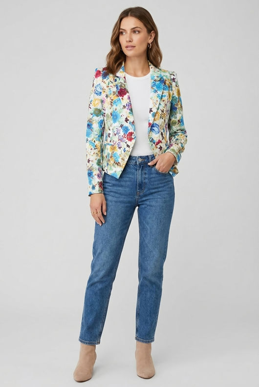 Cream with Mint Floral Detail Button Up Blazer