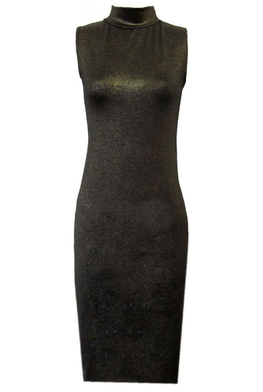 Gold Foil Sleeveless Turtle Neck Midi Dress
