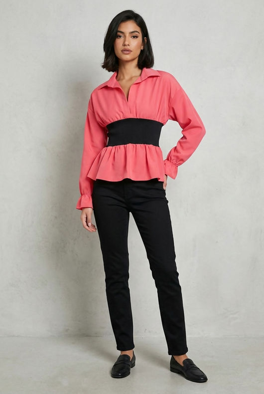 Banded Waist Peplum Blouse in Fuchsia