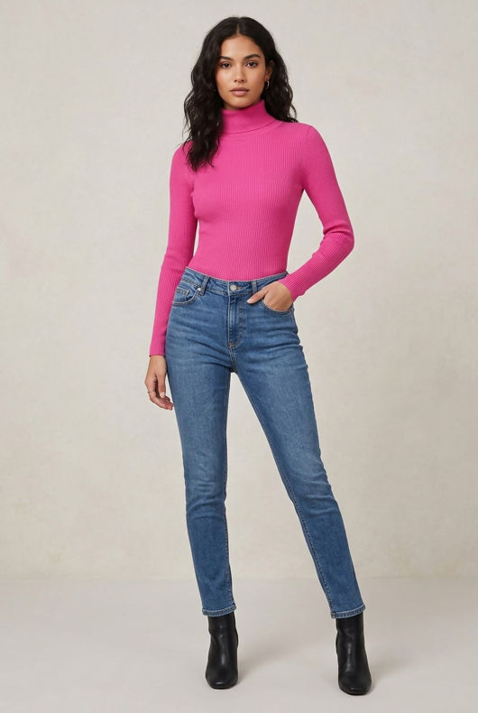 Fuchsia High Neck Ribbed Jumper