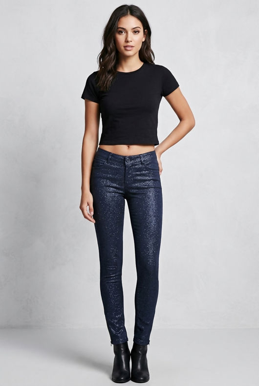 Navy Glitter Textured Zip Detail Skinny Jeans