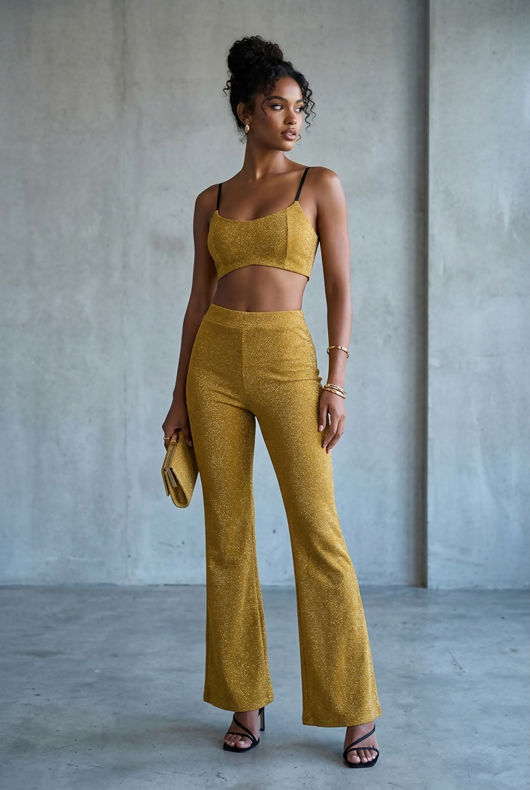 Gold Lurex Crop Top And Flare Trouser Set