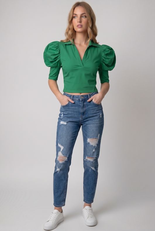 Green Bengaline Puff Sleeve Crop Top