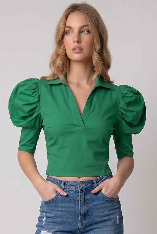 Green Bengaline Puff Sleeve Crop Top