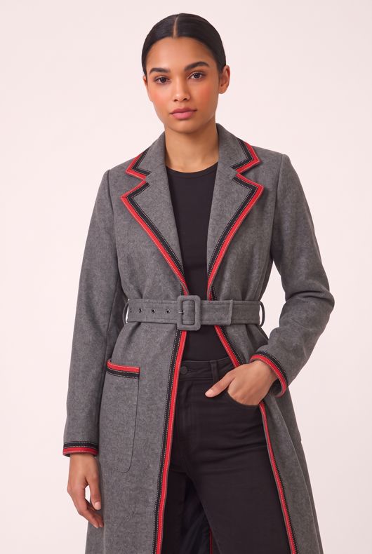 Wool Contrast Trim Belted Grey Overcoat