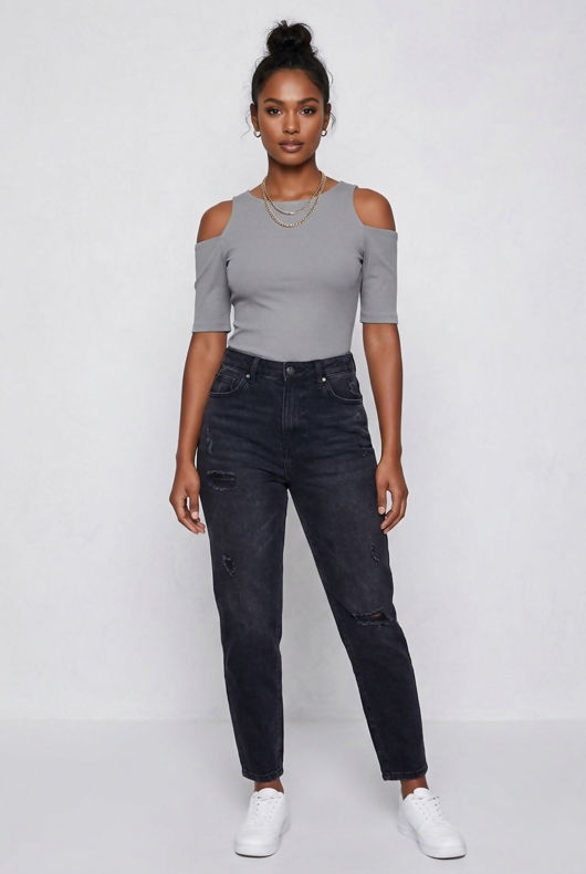Grey Jersey Cold Shoulder Crop Top