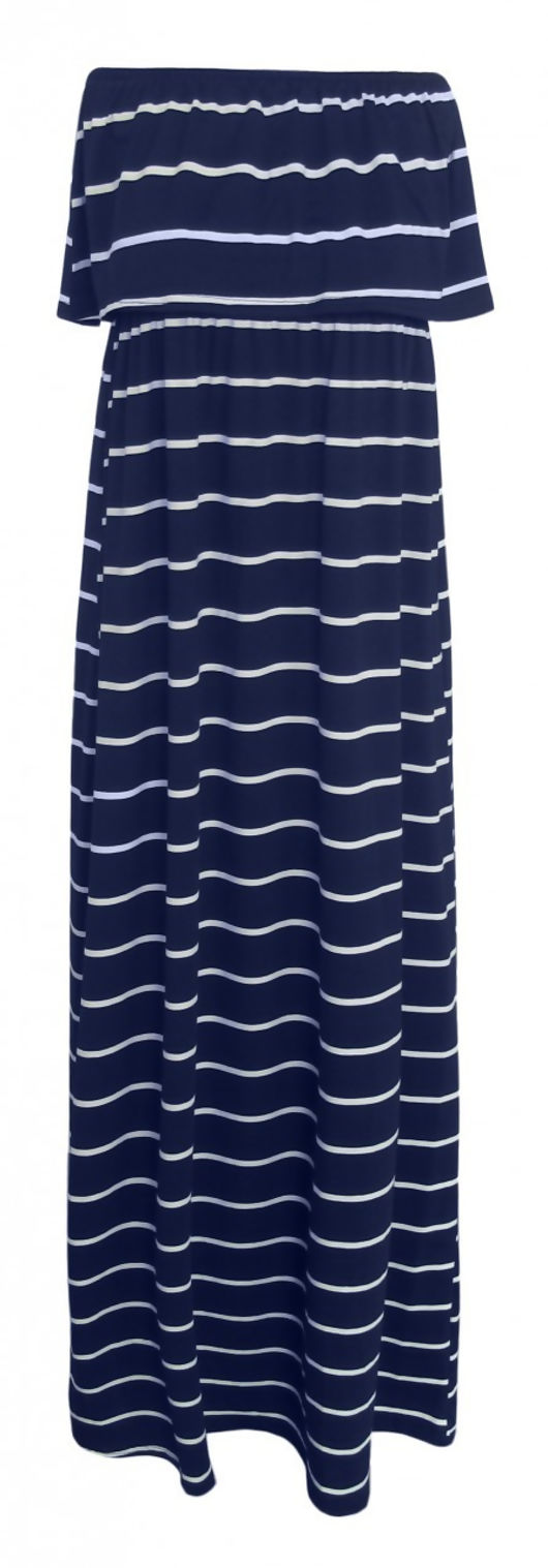 Navy White Strapless Frill Top Maxi Dresses