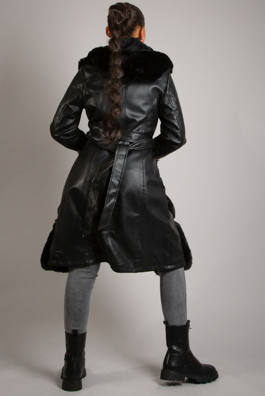 Black PU Fur Trim Coat