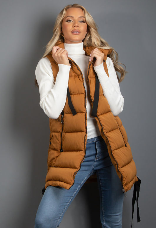 Camel Hooded Puffer Gilet With Webbing Detail