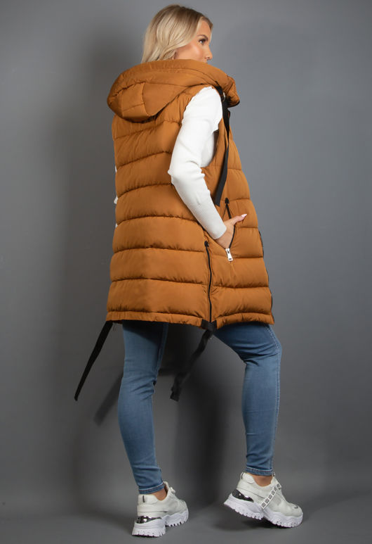 Camel Hooded Puffer Gilet With Webbing Detail