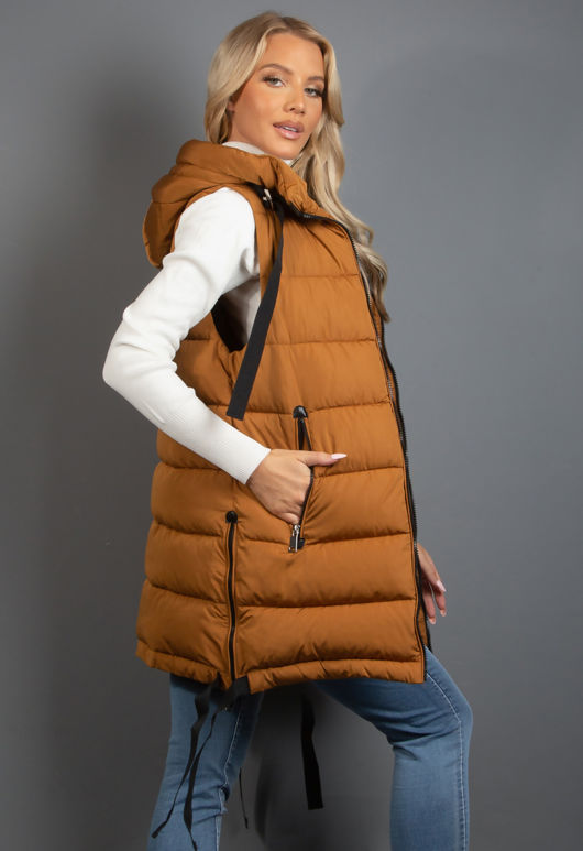 Camel Hooded Puffer Gilet With Webbing Detail