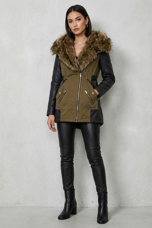 Khaki Green PVC Side Panels Fur Hood Parka