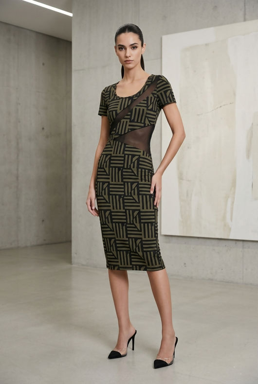 Khaki and Black Striped Knitted Net Paneled Midi Dress