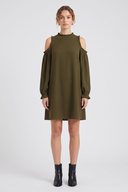 Khaki Cold Shoulder Back Button Up Shift Dress
