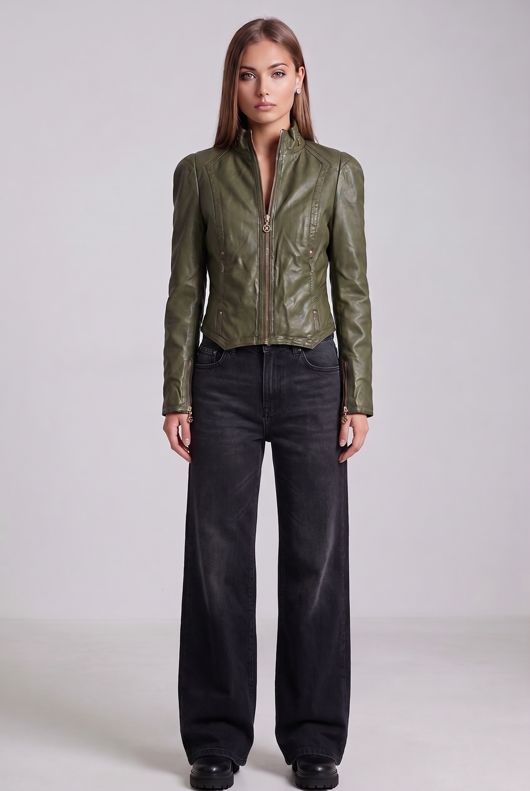 Khaki PVC Fitted Biker Jacket