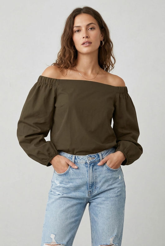Khaki Off Shoulder Knot Sleeve Blouse