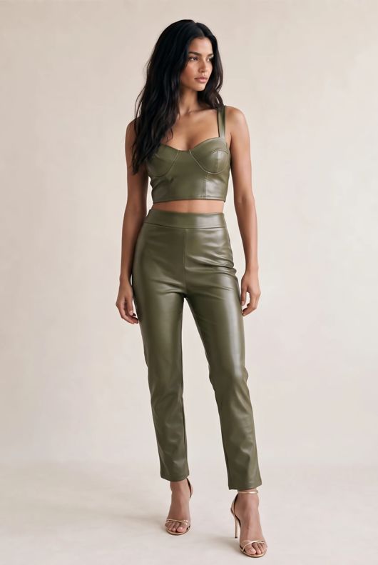 Khaki PU Crop Top And Trouser Set