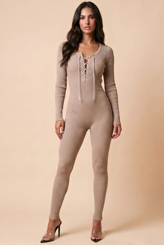  Taupe Diamante Tie Knitted Unitard