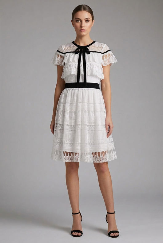 Crochet Mesh Insert Front Tie Up Day Dress in WHITE