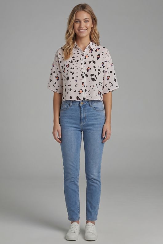 Cream Leopard Print Cropped Shirt