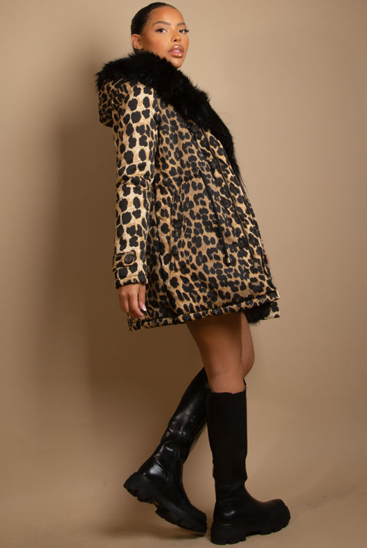 Leopard Parka Coat with Fur Hood Lining