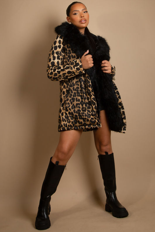 Leopard Parka Coat with Fur Hood Lining