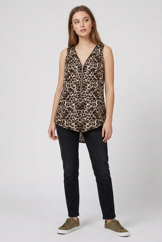 Beige Leopard Print Front Zip Up Detail Top 