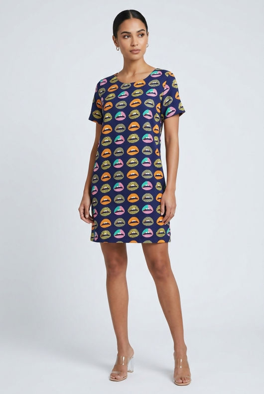 Lips Print Shift Dress in Blue