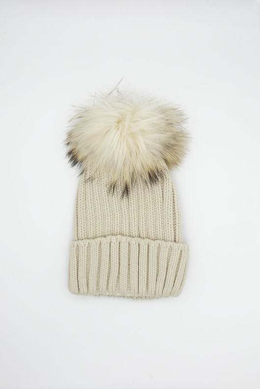 Beige Knitted Natural Fur Bobble Hat 